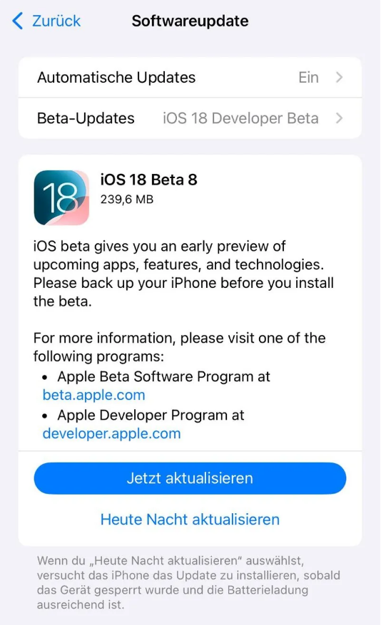 广元苹果手机维修分享苹果 iOS / iPadOS 18 开发者预览版 Beta 8 发布 